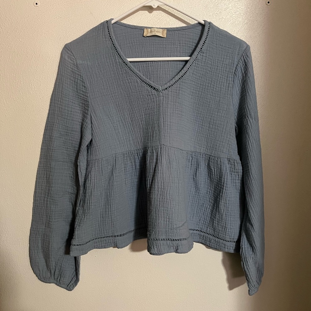 ALTAR'D STATE Classic Flowy Babydoll Blouse Crochet Trim Light Blue Wms Size S